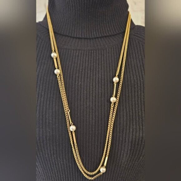Vintage Gold Tone Faux Pearl Long Layering Necklace – Single or Double Strand - Picture 3 of 6